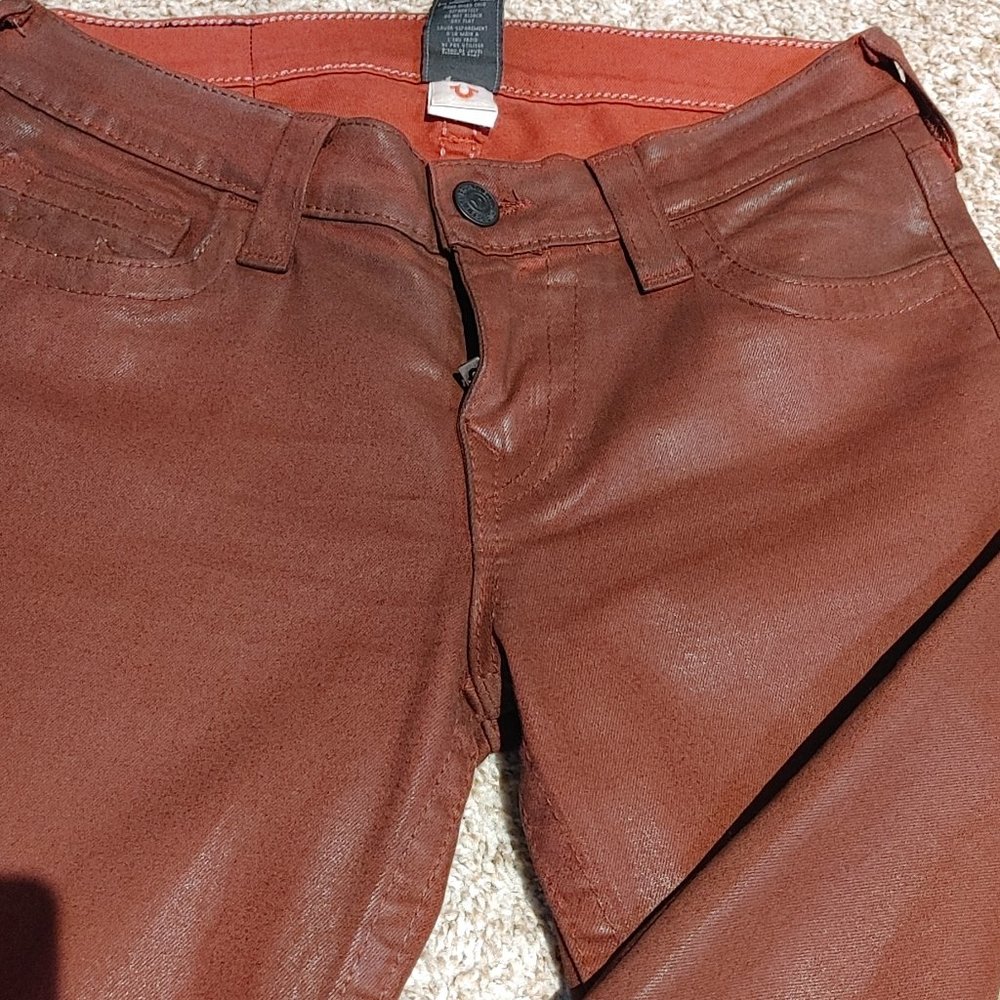 True Religion Wet Look Women's Sz 28 Skinny Jeans Rust Brown Color Pre-owned
